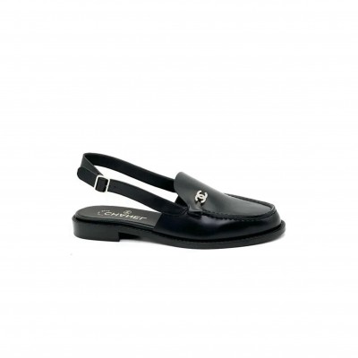 CHANEL 25P CRYSTAL CC LOGO LEATHER SLINGBACK FLAT LOAFERS SANDALS 